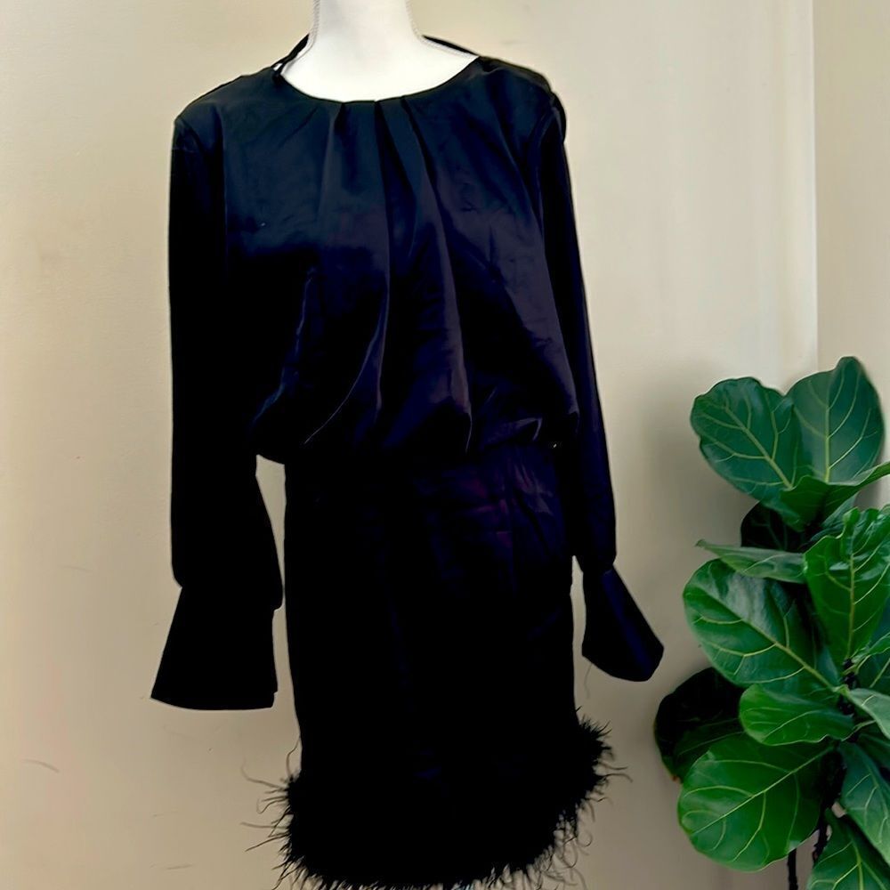 SATIN FEATHER TRIM LONG SLEEVE DRESS size 10